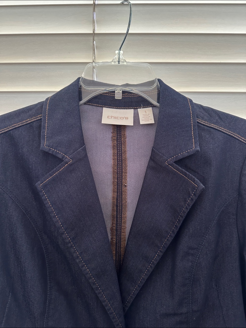 Chico's Refined Denim Stretch Cotton Blend Single Button Blazer Dark Navy Sz 1/M